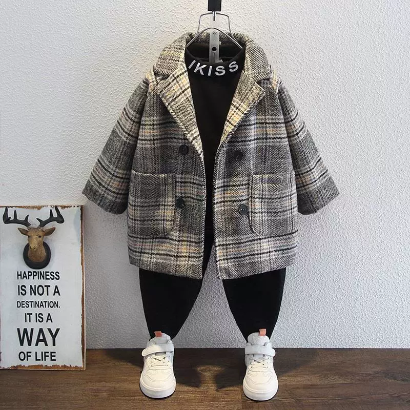 男童呢子大衣秋冬新款潮儿童韩版中长款风衣加厚外套格子衣服保暖