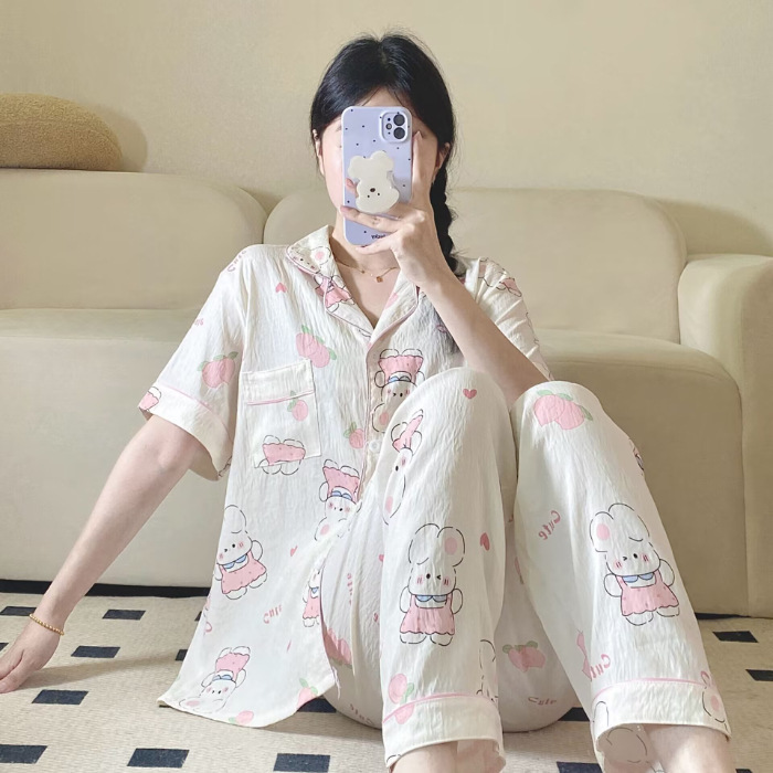 Verano nuevo pijama de amor mujer adorable oso simple ocio delgado nubes algodón ropa doméstica dos piezas conjunto al por mayor