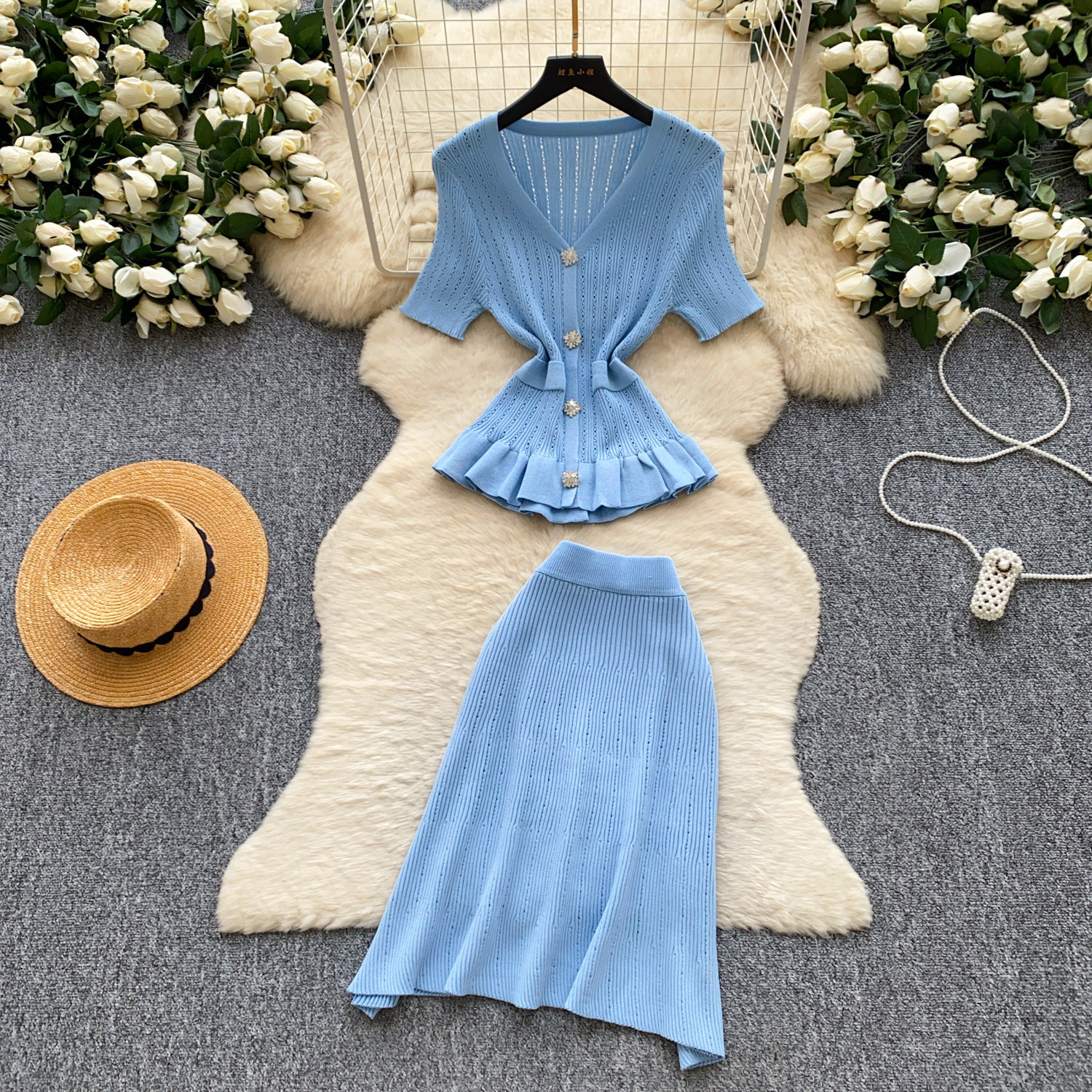Women's French Style Pink Knit Two Piece Set V Neck Fitted Waist Ruffled Hem Summer Fashionable Elegant Suit_ecoleips.com