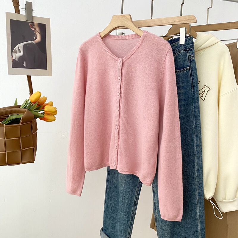 Clearance Sale with Free Shipping, No Returns or Exchanges, Fabric Button Round Neck Long Sleeve Knit Sweater, 100% Sheep Wool Solid Color Sweater Jacket 3