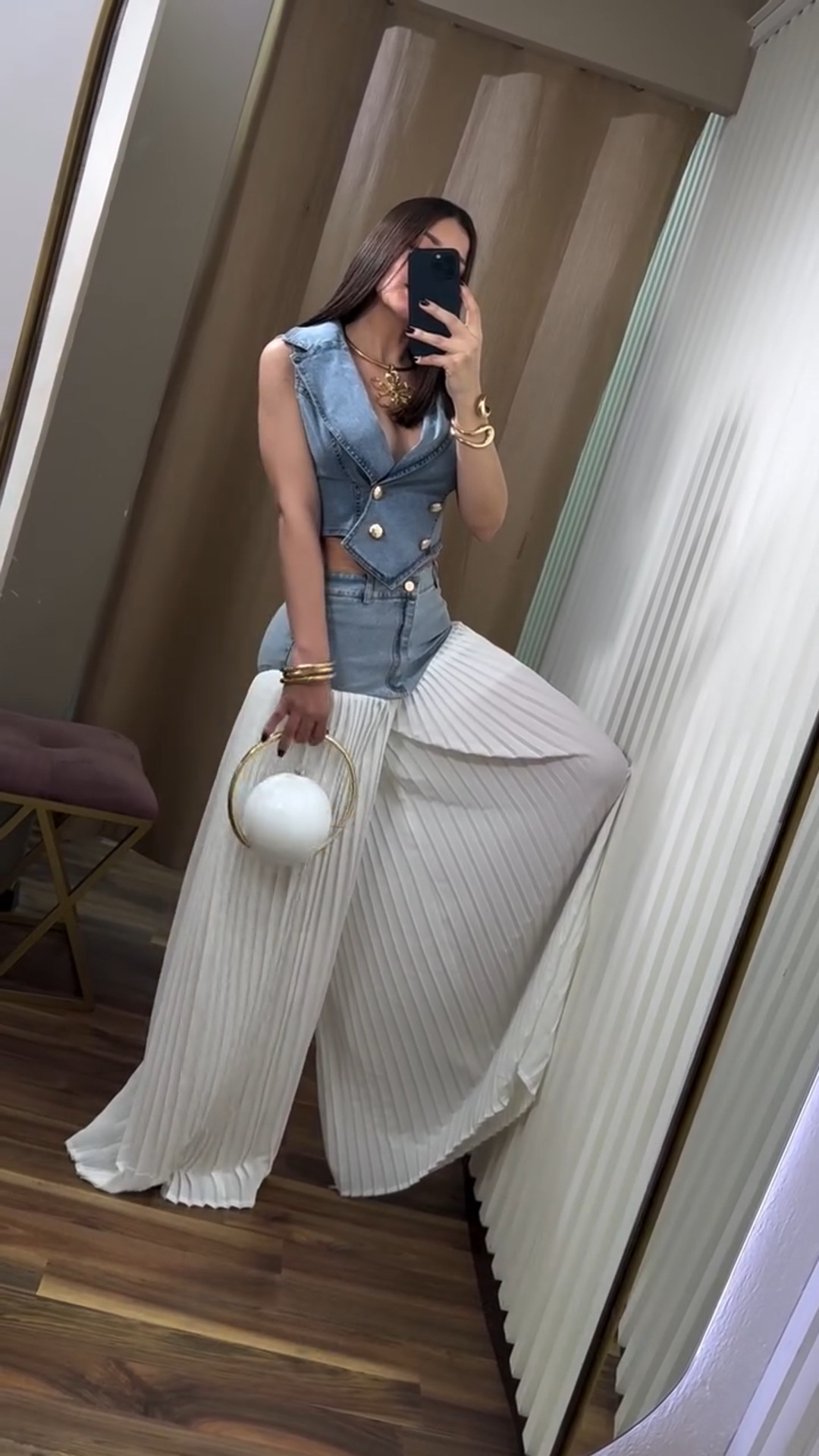 High Waist Denim Skirt And Sleeveless Jacket Two-piece Set_voghion.com