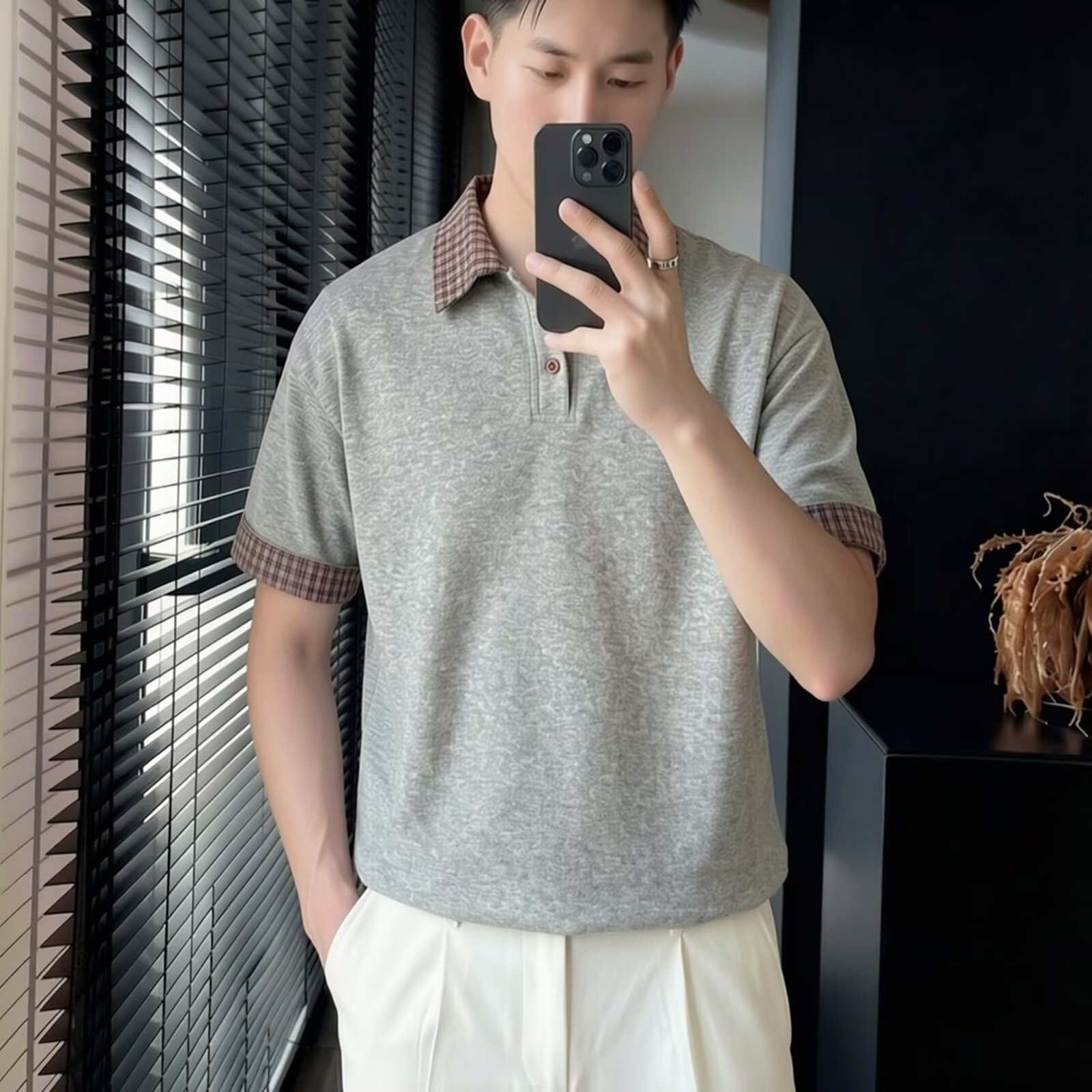 Men's Summer Plaid Patchwork Collared Polo Shirt Short Sleeved American Trendy Brand Versatile Loose Fit T-Shirt for Teenagers_viptrois.com
