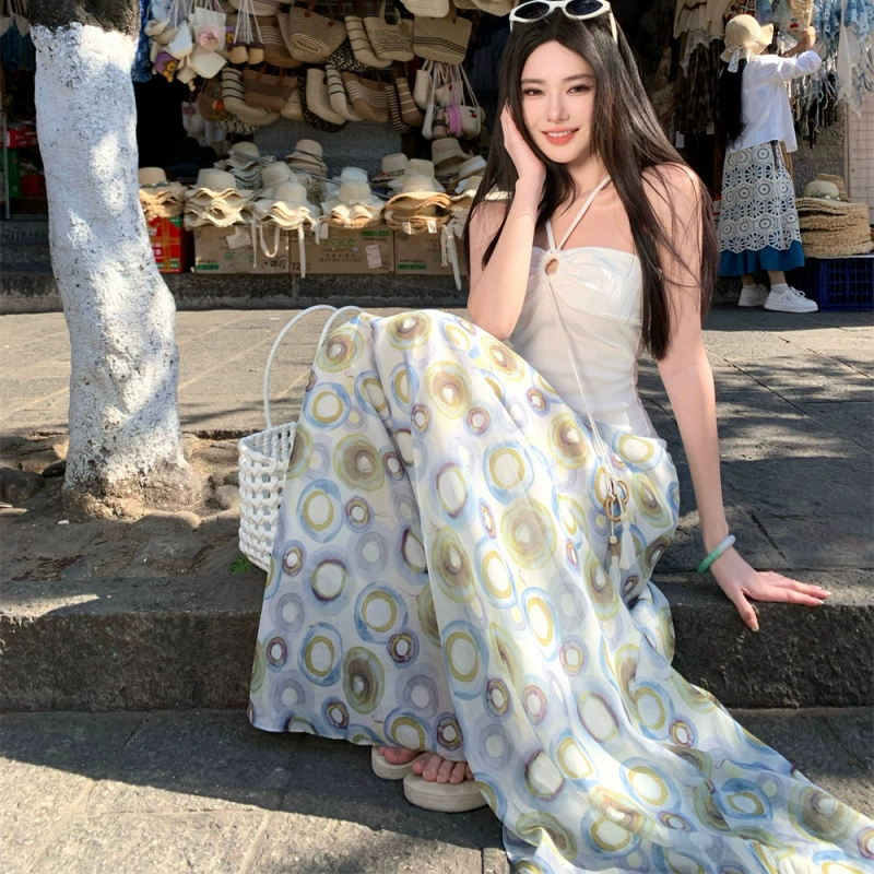 Design light and thin long skirt, A-line, print