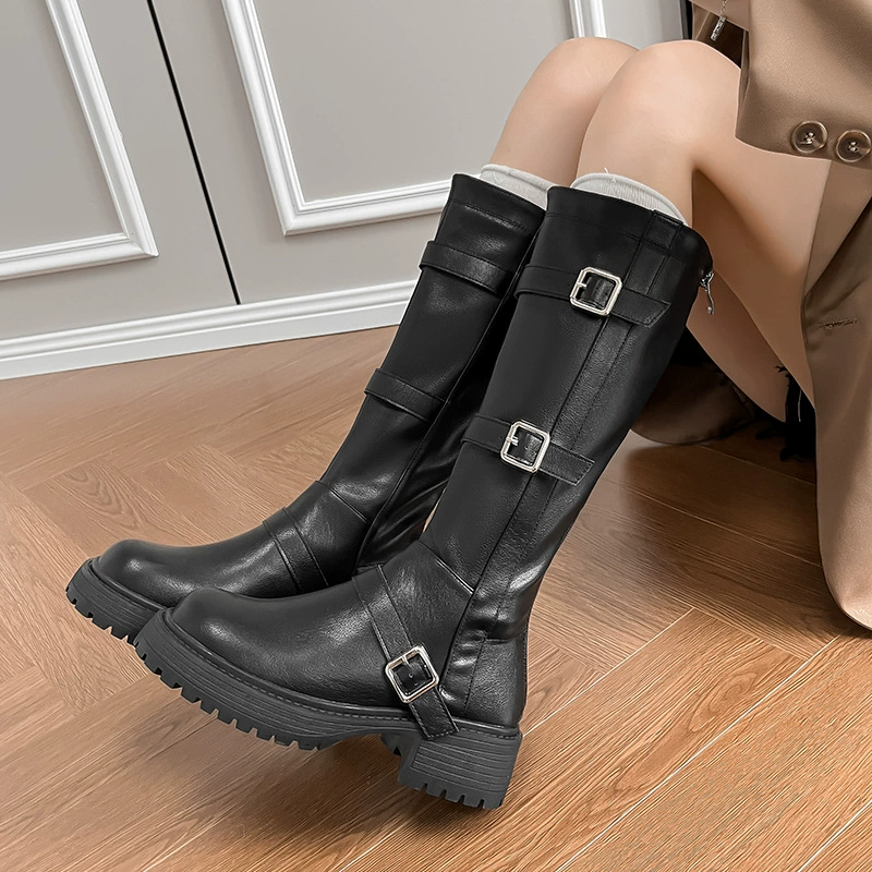 Тонкие сапоги для детей 2024 осенние и зимние модели популярные квадратные пряжки с круглым каблуком сапоги рыцаря ретро сапоги в западном стиле