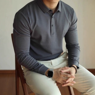 商务百搭POLO衫纯色通勤翻领休闲长袖简约男时尚秋冬宽松新款轻熟
