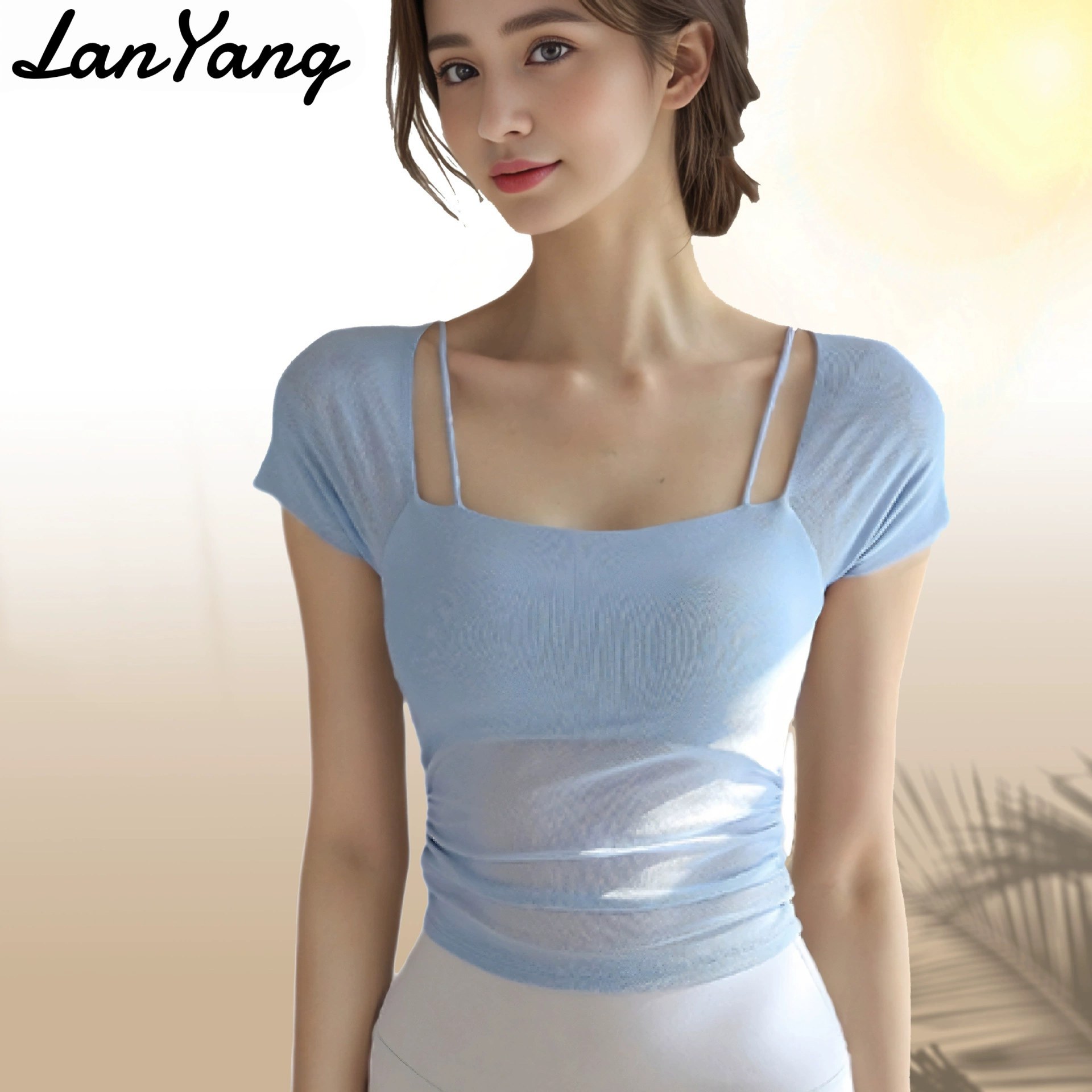 Top de yoga con almohadilla para el pecho, top deportivo de una taza de hilo de malla de aire de hadas femenino, delgado y temperamento, ejercicio de entrenamiento de Pilates