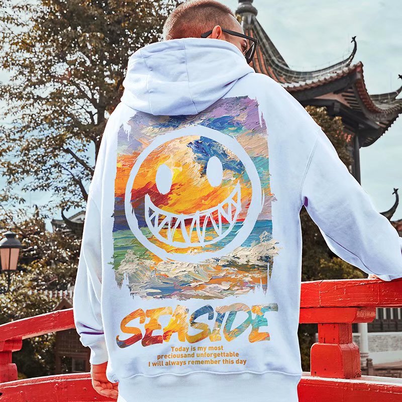 National Tide Graffiti Smiley Fleece Hooded Sweater Men's Trendy ins Street Hip-Hop Coat Trendy Chinese Style Pullover