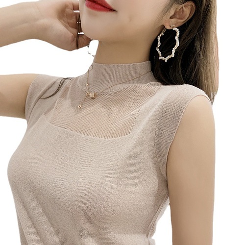 Camisole women's summer outer wear waistcoat half turtleneck ice silk high elastic knitted bottoming shirt with sleeveless top trendy