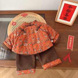 女童拜年服套装冬季女宝宝加厚棉服裤子两件套老式棉袄儿童复古