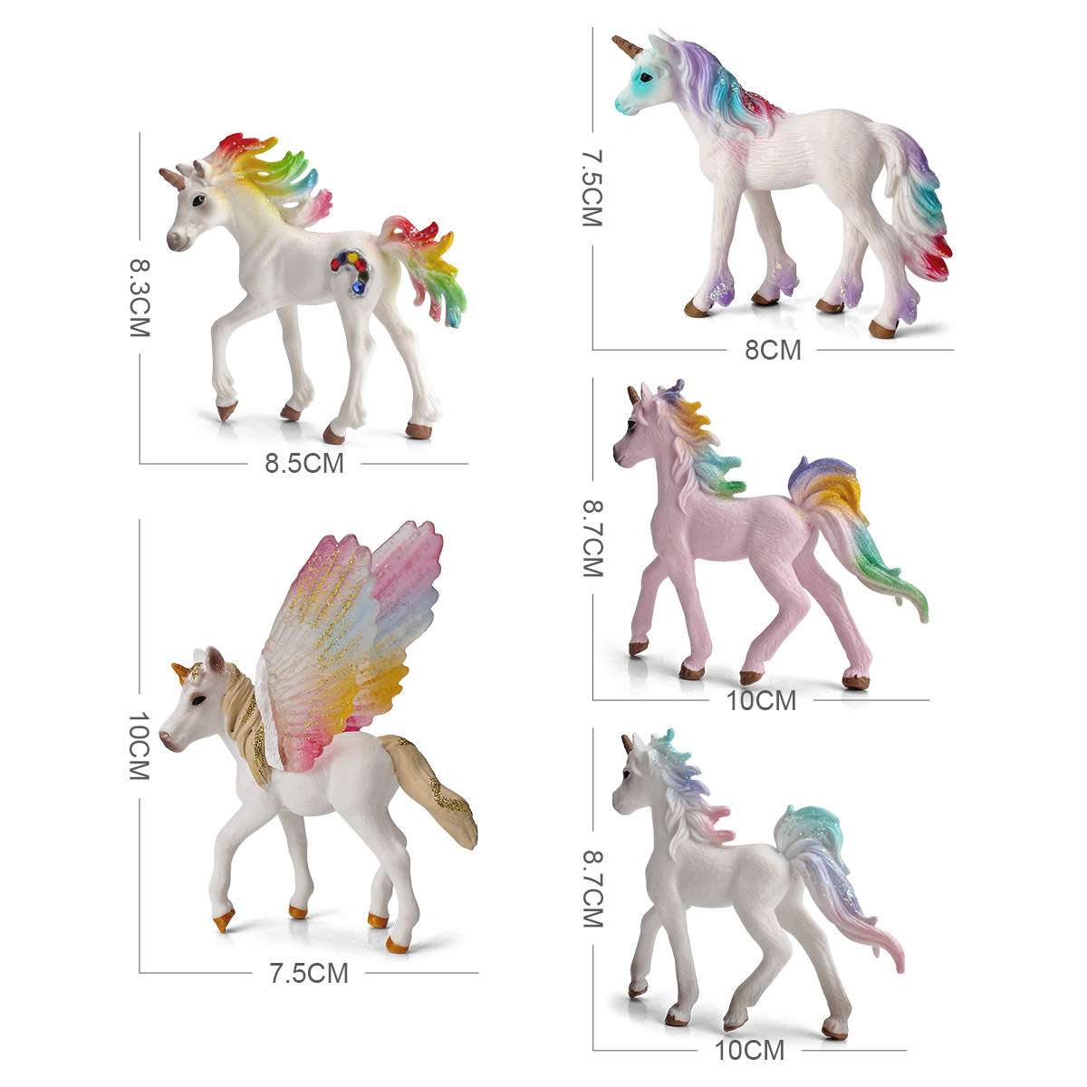 Exportación transfronteriza Diversión infantil mito animal juguete unicornio arco iris modelo de caballo Pegaso duende decoración en stock