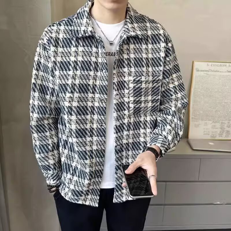 Autumn and Winter Houndstooth Thickened Tweed Shirt Cotton Jacket with Silk Cotton Thickened Coat Jacket Ins