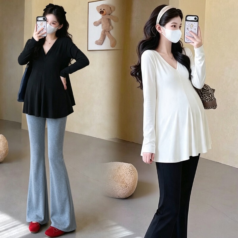 Maternity base shirt for spring and autumn, long-sleeved T-shirt, loose fishtail design to cover the belly without showing pregnancy, two-piece set for pregnant women Maternity base shirt for spring and autumn, long-sleeved T-shirt, loose fishtail design to cover the belly without showing pregnancy, two-piece set for pregnant women