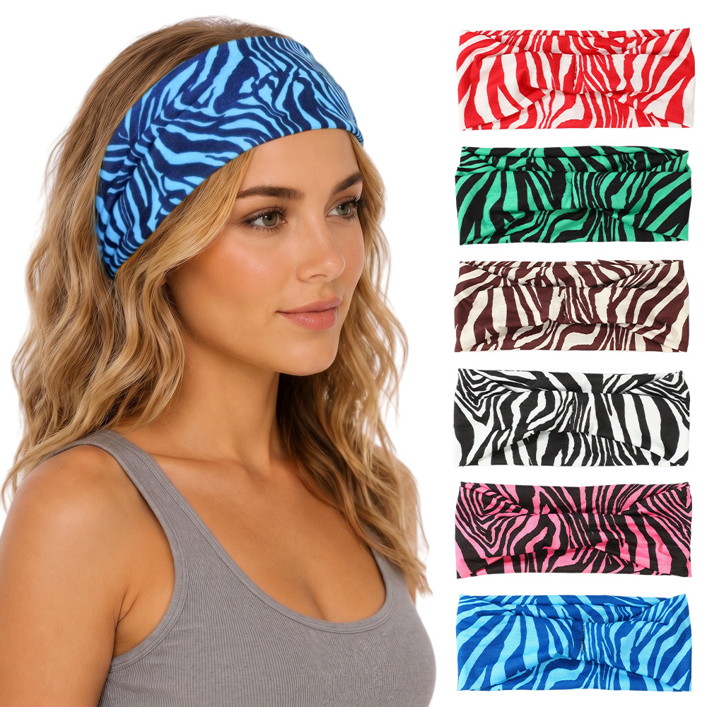 European and American Popular Colorful Zebra Print Elastic Wide-Brimmed Headband for Women, Sweat-Absorbing Hairband for Running and Fitness