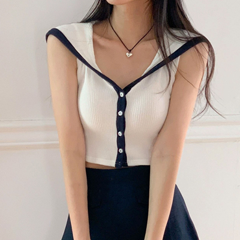 Korean Dongdaemun Color-Block Slim-Fit Sexy Bust-Enhancing Short Cropped Button-Up Sleeveless Versatile T-Shirt Top for Women