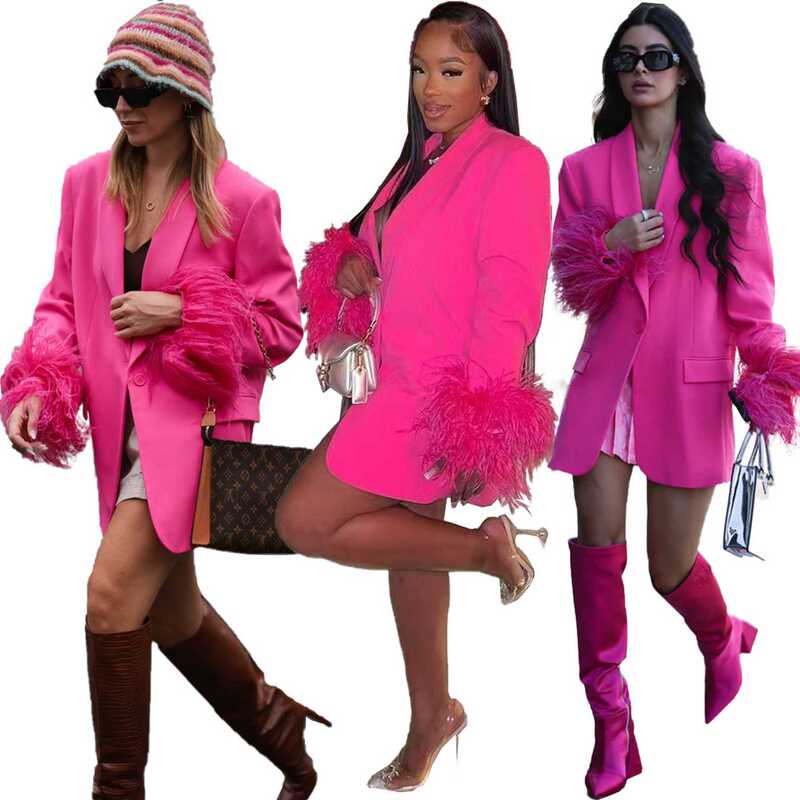 AliExpress coat foreign trade women's clothing fashion feather straight hot selling European and American style Autumn New Suit
