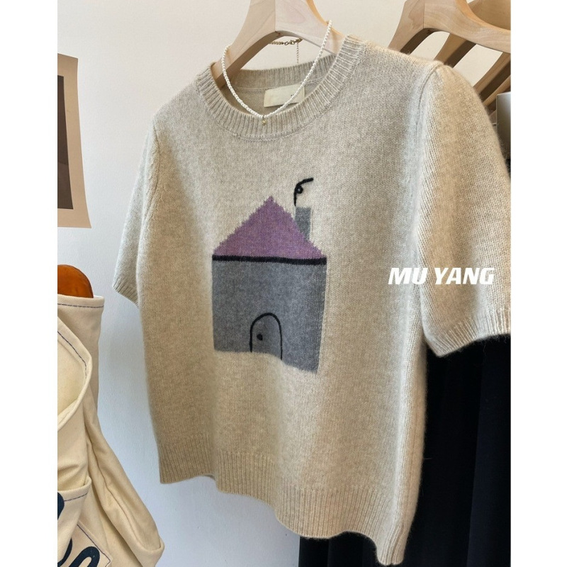 Cute Nice Korean High-Quality Soft Glutinous Honey Bear Velvet Cartoon House Short-Sleeved Sweater Soft for Women in Autumn and Winter