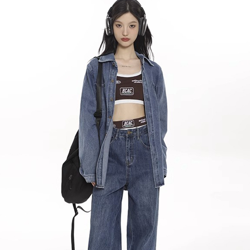 Retro Denim shirt women's autumn New POLO collar Denim shirt American hot girl soft niche top jacket