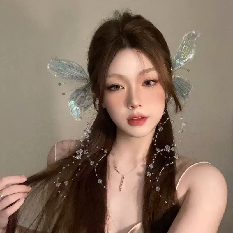 Свадебный головной убор INS Chaoxian Mori Elves Breakamic, кристальные волосы, плоские кристальные крылья бабочки, развевающиеся сбоку