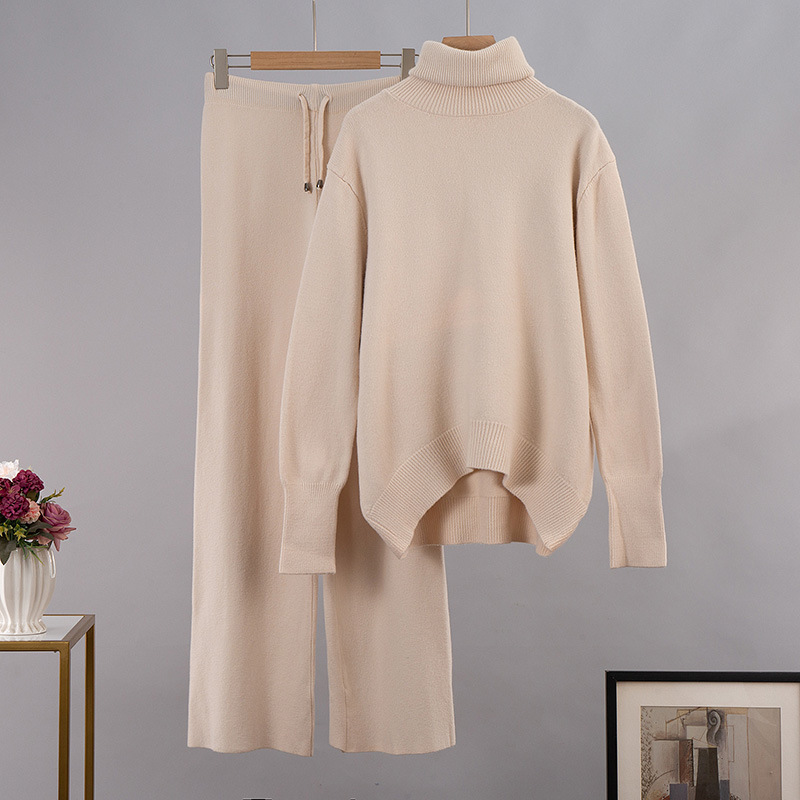 Cross-border turtleneck suit European and American 2022 autumn and winter women's turtleneck sweater + elastic waist wide-leg pants knitted suit_voghion.com