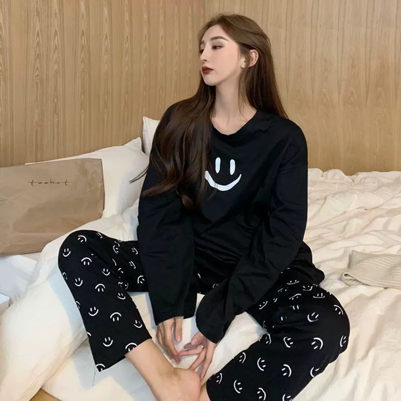 东大门韩国笑脸卡通睡衣女秋季冬长袖长裤套头韩式休闲套装家居服