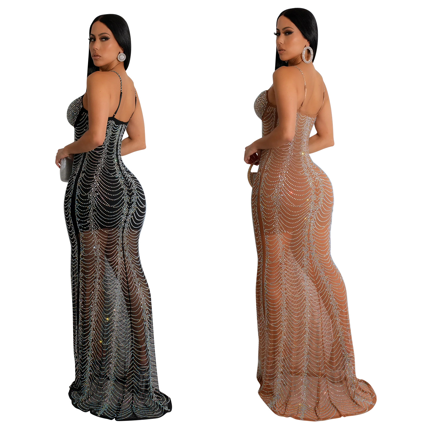 C6841 transfronteriza AliExpress Amazon de las mujeres de moda europea y americana de color sólido de malla de diamantes de imitación con falda larga vestido