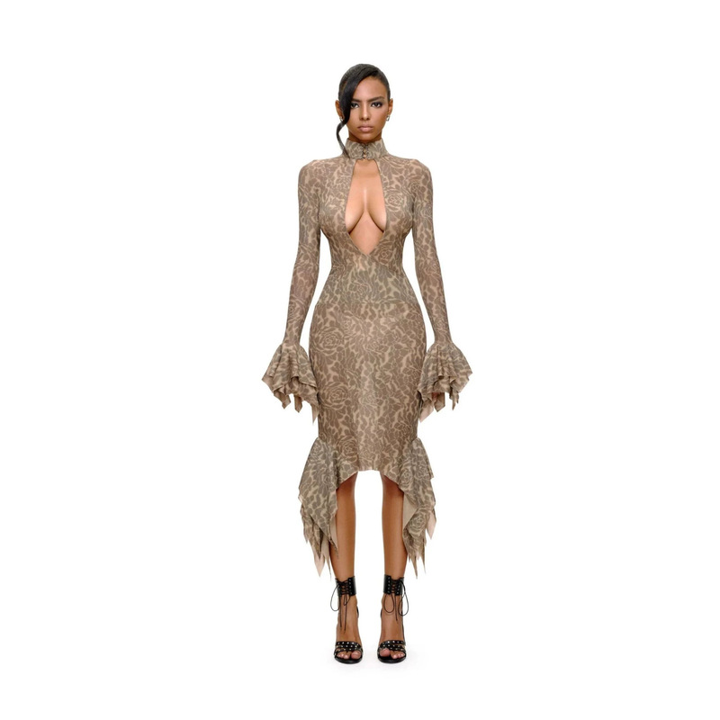 Spicy Girl Bodycon Dress with High Collar, Hollowed Bell Sleeves, Irregular Fishtail, Waist-Cinching, Slimming, Mid-Length Women's Dress Spicy Girl Bodycon Dress with High Collar, Hollowed Bell Sleeves, Irregular Fishtail, Waist-Cinching, Slimming, Mid-Length Women's Dress
