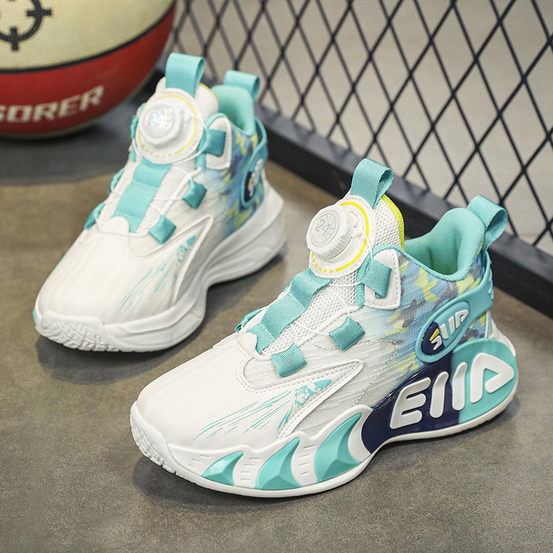 Zapatos de baloncesto para niños primavera y otoño nuevo botón de malla blanca zapatos deportivos fricción sonido zapatos de carrera