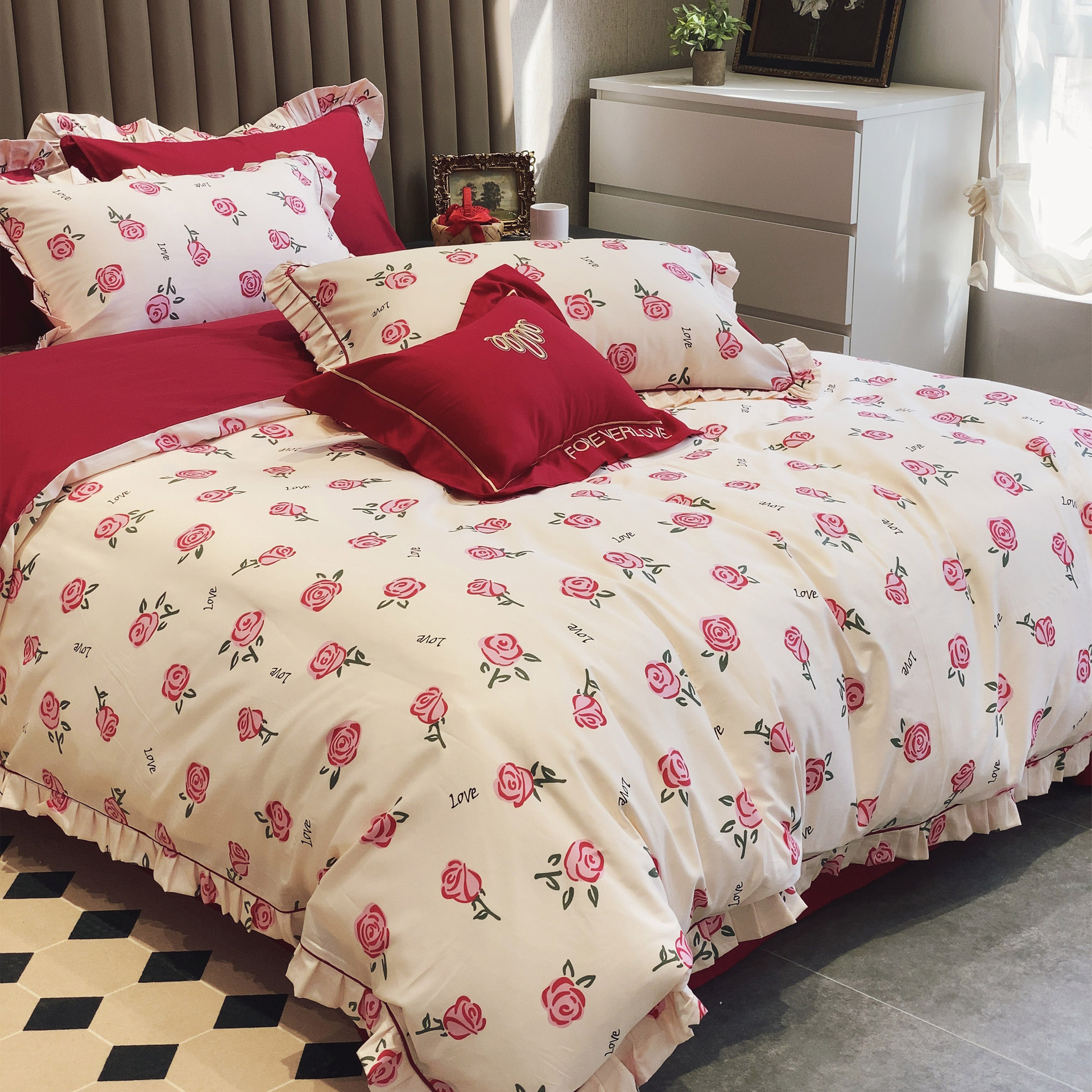 2Fins Wind Rose Print Fitted Sheet Set Dual-Side 60-Thread Long Staple Cotton Red New Wedding Celebration Bed Sheet Set