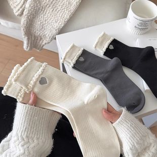 Korean Style Little Sister Trendy Early Autumn Black and White Grey All-match Cotton Socks Bubble Lace Love Embroidery Socks Children's Medium Tube