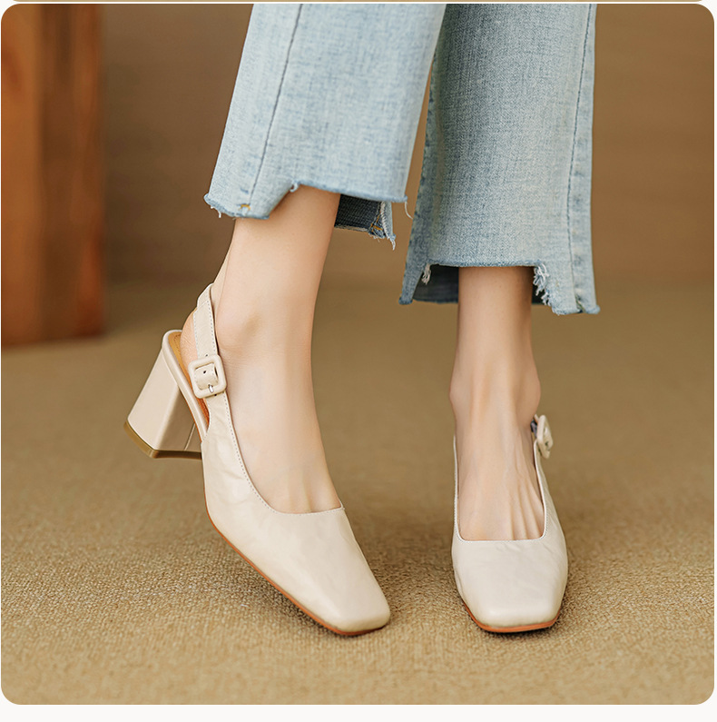 Sandal cao gót nữ mũi nhọn quai khóa, gót thô 9 cm phong cách Hàn Quốc — màu nâu chi tiết 7