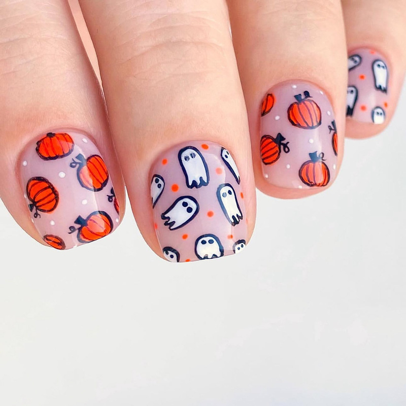 Halloween Nail Art Pumpkin Ghost Polka Dot Press-On Nails Light-Colored Short Square Simple Fake Nails Removable