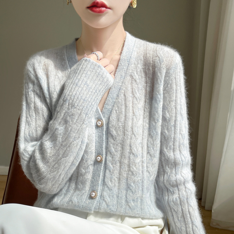 New Cashmere Mulberry Silk V-neck Knitted Cardigan for Autumn and Winter 24 Long Sleeve Twist Soft Waxy Warm Jacket