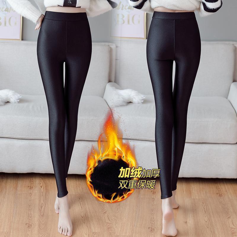 [Fleece-forrado grueso] otoño e invierno brillante pantalones de las mujeres de cintura alta desgaste exterior más tamaño alto elástico abajo pantalones calientes