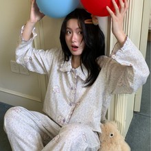 ins风花边娃娃领睡衣韩版睡衣套装女小清新纯棉双层纱透气家居服