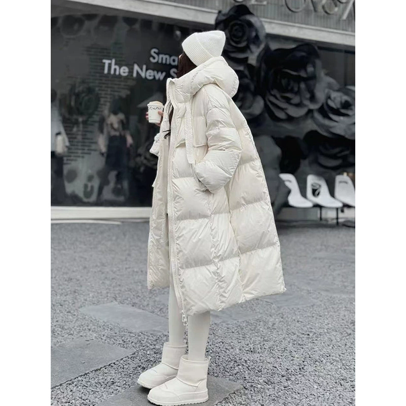 Пуховик, бархатный верх, утинный пух, длинный с капюшоном, off white или чёрный, размеры S–XL