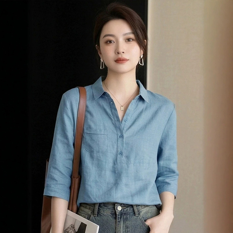 Commuter-style linen POLO collar three-quarter sleeve shirt for women, loose-fitting, sun-protective, suitable for hosts, 2026 new model shirt top Commuter-style linen POLO collar three-quarter sleeve shirt for women, loose-fitting, sun-protective, suitable for hosts, 2026 new model shirt top