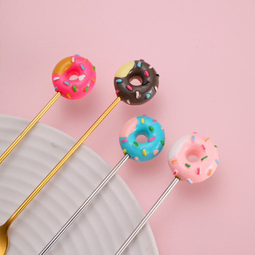 Wholesale Instagram desserts fruit fork and spoon set gold-plated stirrer coffee spoon creative donut 430 stainless steel spoon
