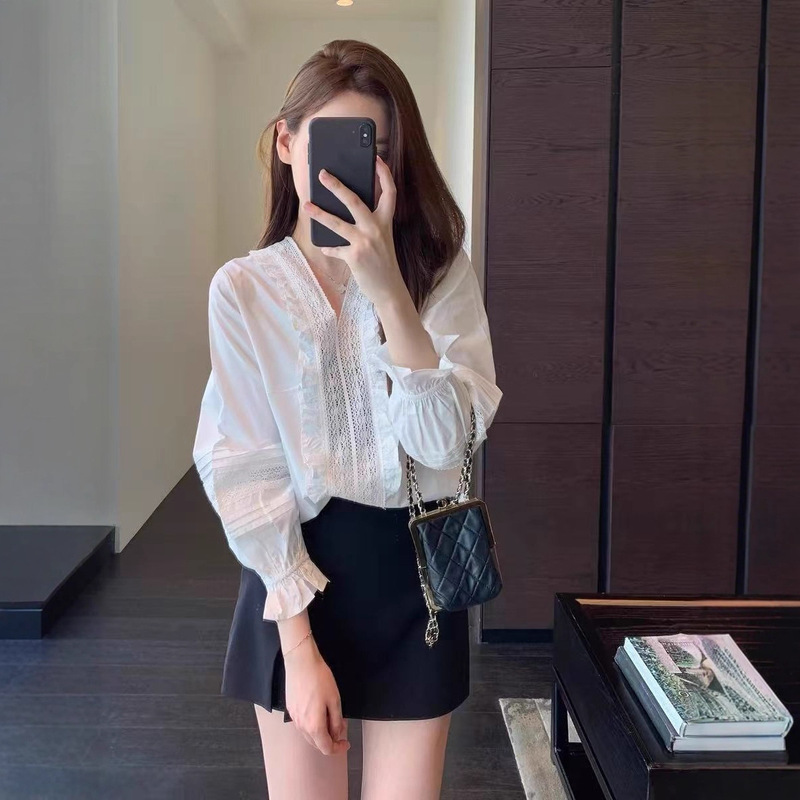 甜美温柔时髦荷叶领高品质显瘦小衫白色上衣女早秋新|undefined