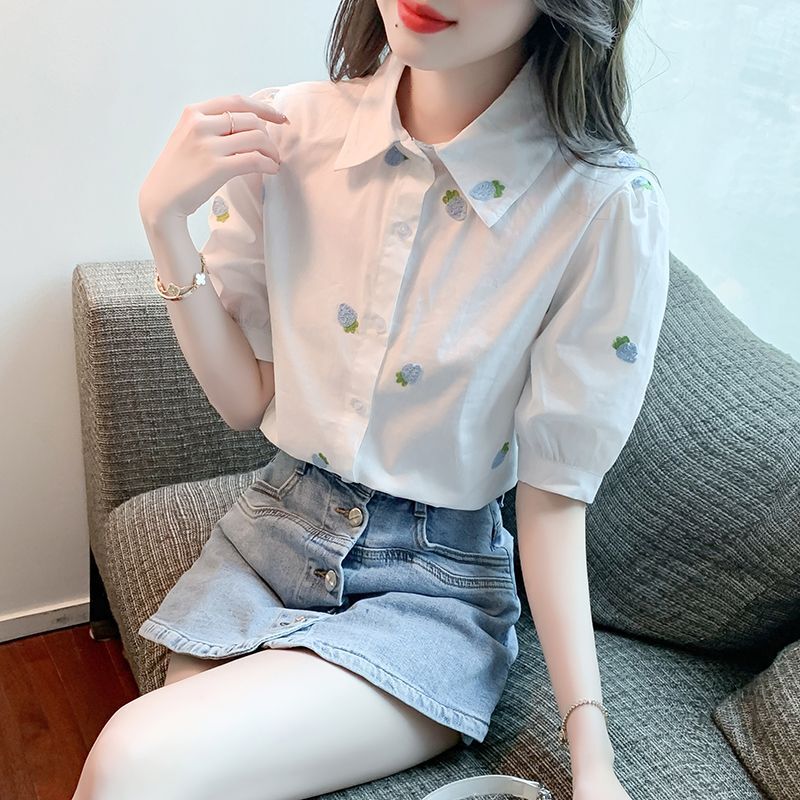 Summer Embroidered Small Strawberry White Shirt with Polo Collar, Loose and Slimming Top for Women, Embroidered Design, Sweet Style