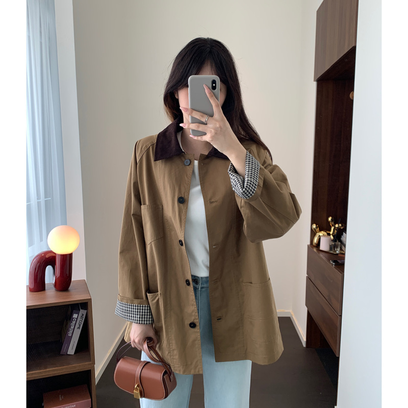 禾家2025早秋新款女装巴恩风小个子中长款外套休闲翻领夹克风衣女|undefined