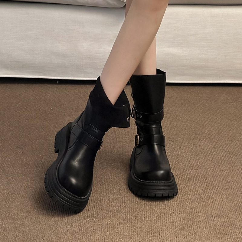 英伦简约罗马靴黑色厚底马丁靴女2025年春夏季新款粗跟英伦风靴子