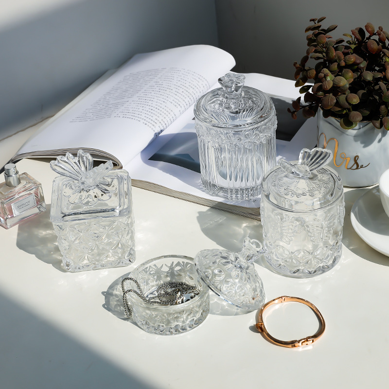 ins Style Transparent Flower Butterfly Glass Jar Jewelry Cotton Swab Storage European-style Embossed Crystal Storage Jar