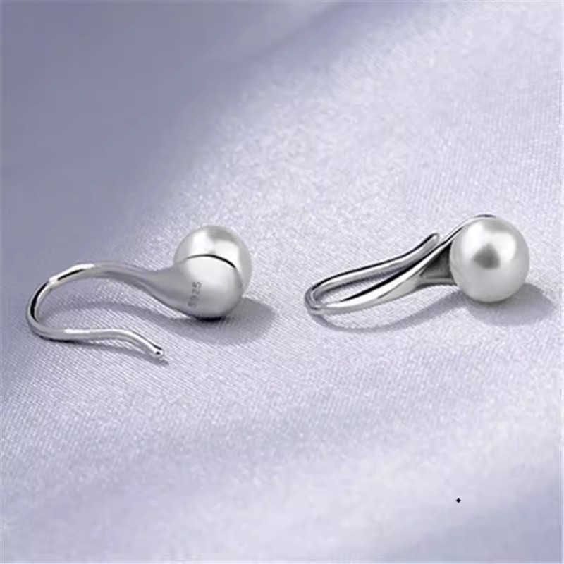 Round pearl S925 silver needle ear hook round pearl 8-14mm earrings high heels spoon-shaped simple and generous temperament