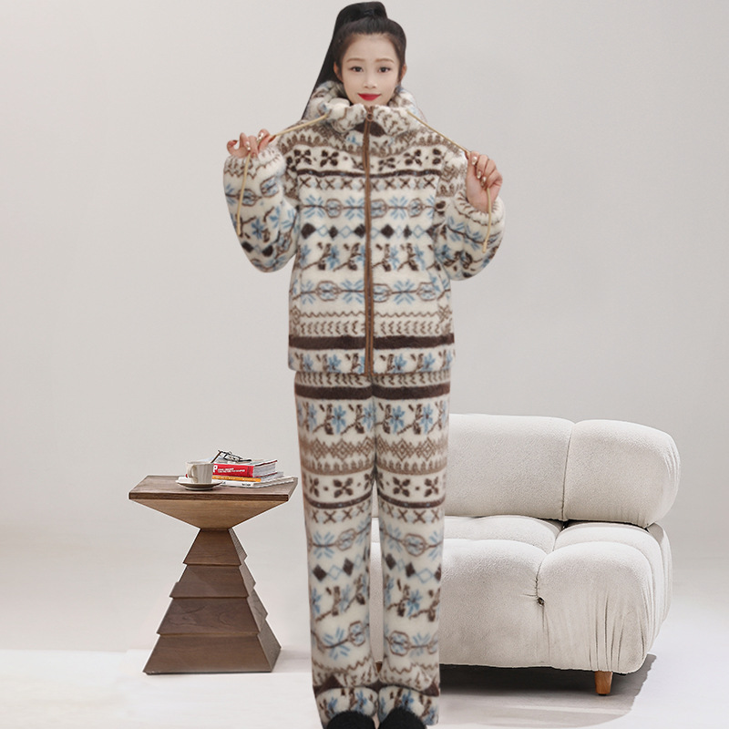 FH25 Fair Isle faux rabbit fur French-style autumn and winter thickened unisex loungewear set with fleece, suitable for home wear and can be worn outside