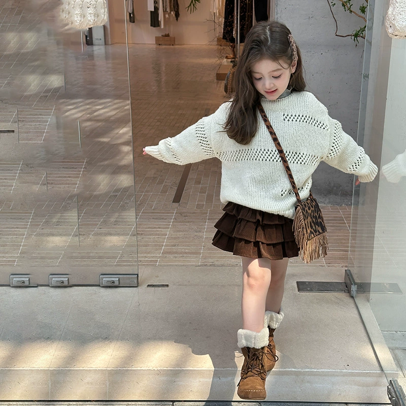 艾摩贝贝女童韩版宽松洋气叠穿镂空毛衣儿童休闲软糯品质针织罩衫