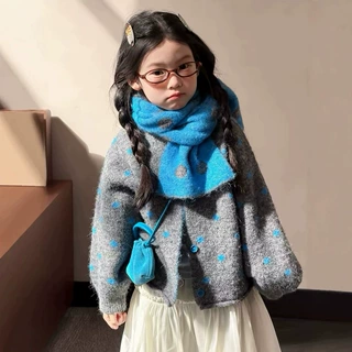 儿童波点毛衣开衫2026秋冬韩国百搭长袖毛线配围巾宝宝针织上衣潮