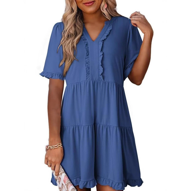Ruffle Dress with Short Sleeves, V-Neck, Layered Flared Skirt, Large Pockets, 2025 Spring/Summer New Style, Amazon Europe and America