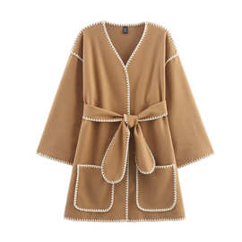 批发2025夏新品欧美风女装贝壳工艺腰带毛呢外套  3905