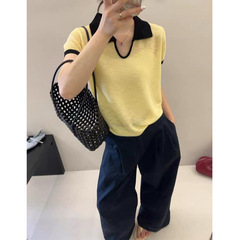 简约风时尚U领针织短袖T恤女2025夏季新款百搭撞色减龄薄款上衣