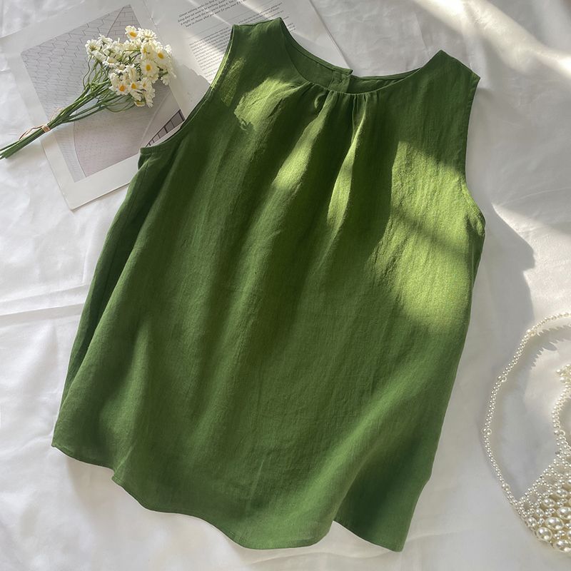 Green White Cotton and Linen Sleeveless Shirt, Loose and Versatile Casual Top, Summer Korean Style Simple, Cool and Breathable Vest Green White Cotton and Linen Sleeveless Shirt, Loose and Versatile Casual Top, Summer Korean Style Simple, Cool and Breathable Vest